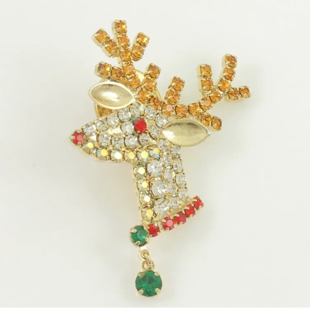 Vintage Kirks Folly Rudolph the Reindeer Head Rhinestone Pin